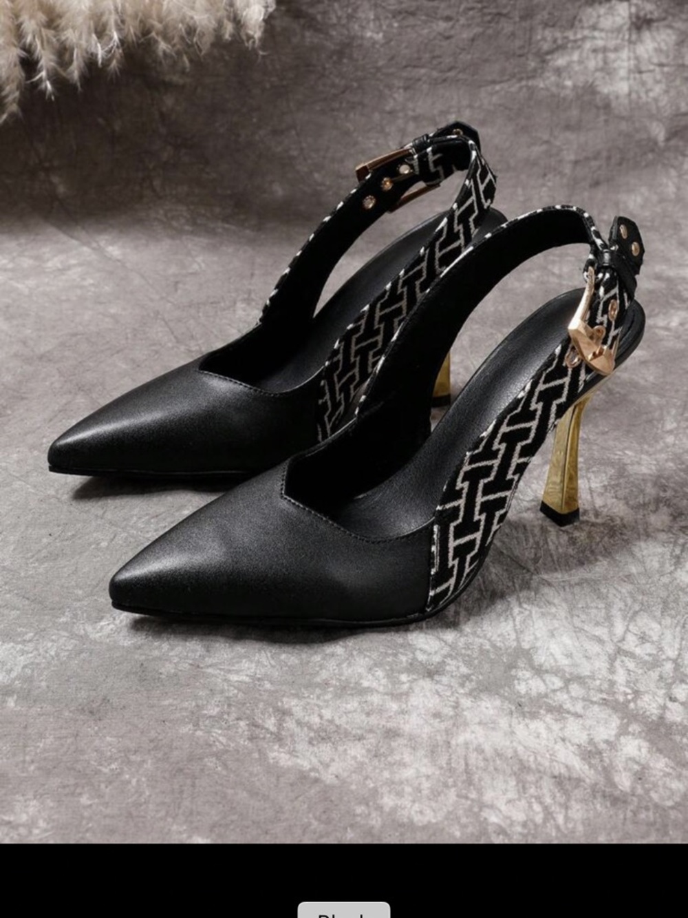 ▪️SOLD▪️Black Pointed Slingback Heels with Gold Kitten Heel - Women's